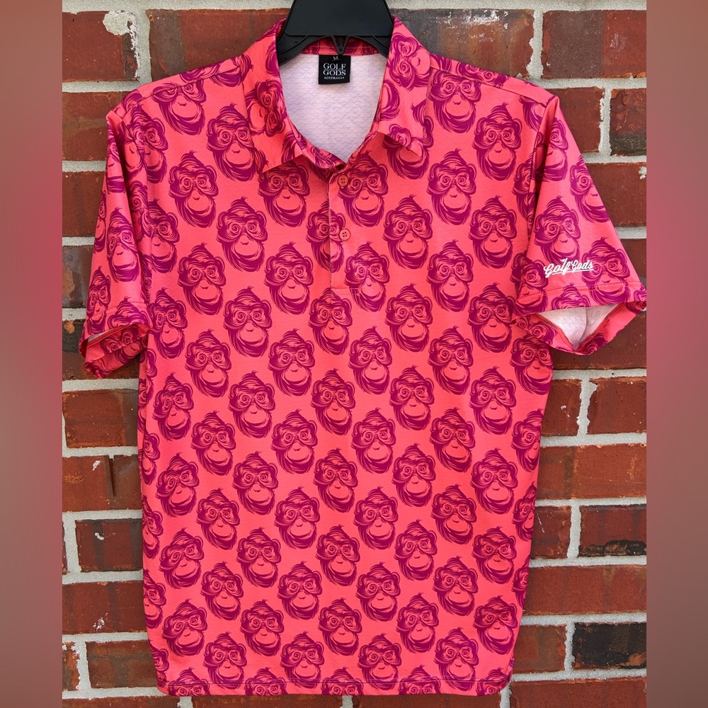 Golf Gods Australia Mens Short Sleeve M Chimpanzee  Monkey Ape Red Polo Shirt G3